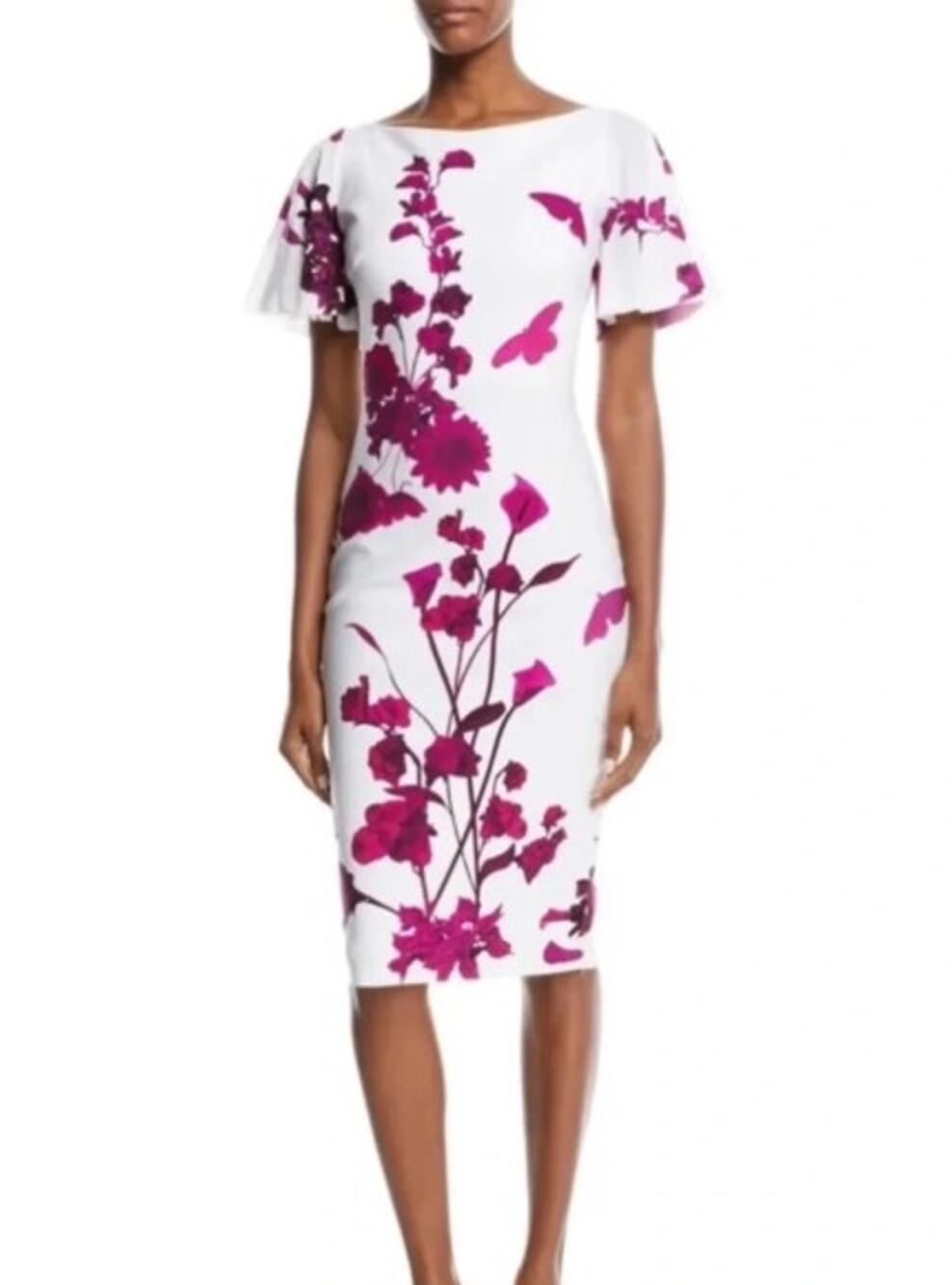 Chiara Bono White Magenta Floral Sheath Dress Flutter Sleeves 44/8 Wedding